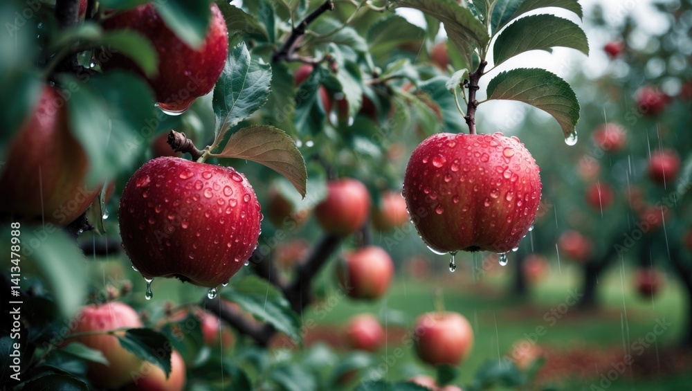 Poster Autumn day in a rural garden featuring ripe red apples on a tree during rain. Horizontal color image.
