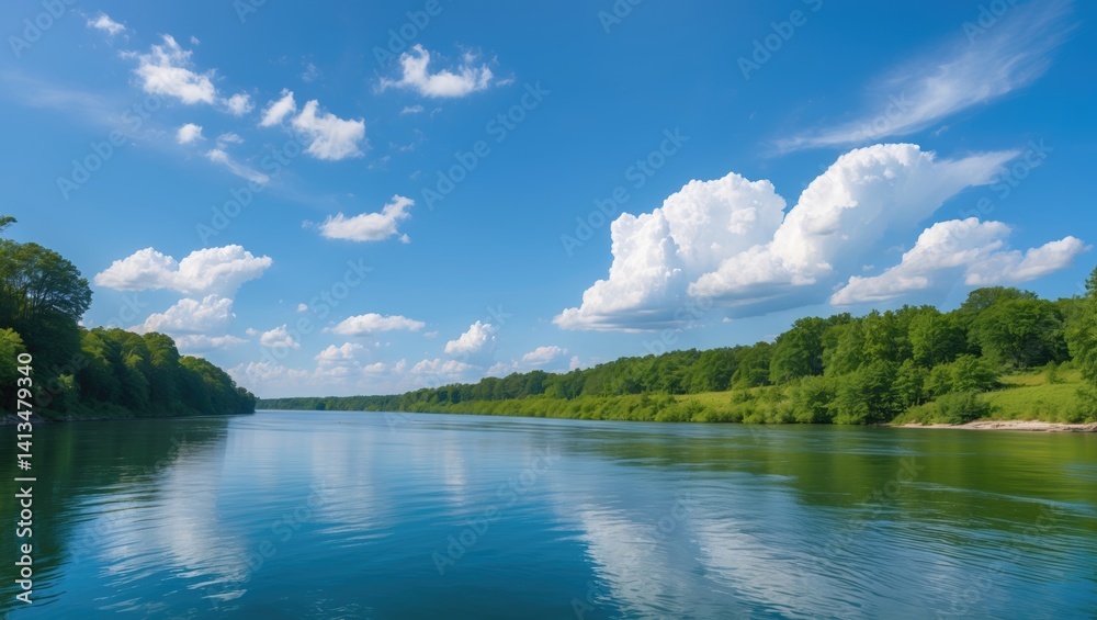 Poster charming summer view of a river or lake, showcasing the water's surface mirroring tiny clouds.
