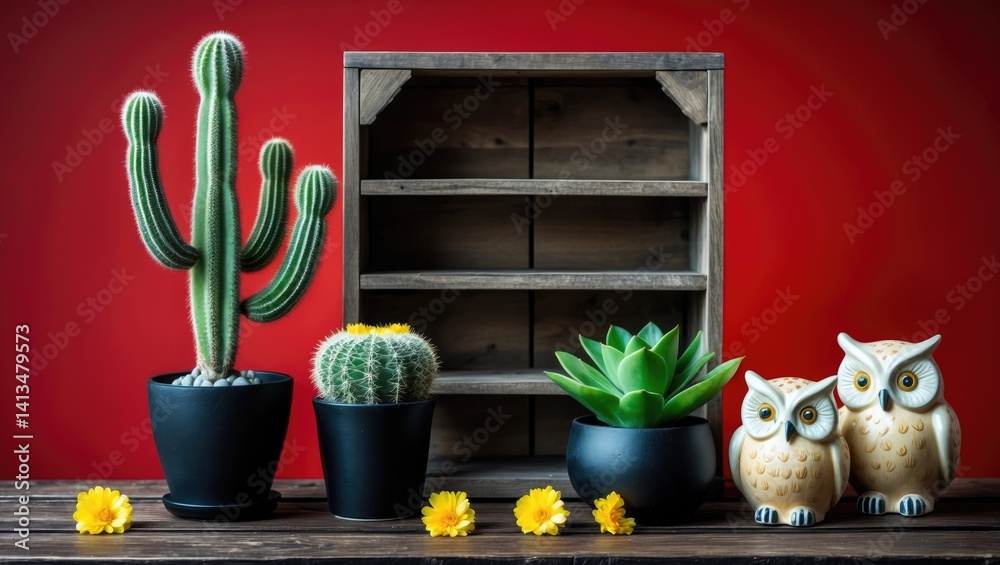Poster lovely cactus and wooden shelf alongside a simulated owl on a wood table with backdrop