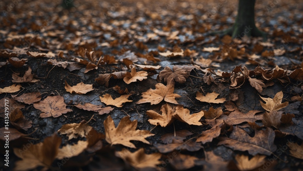 Poster fallen autumn leaves creating a damp tapestry of muted hues and striking shapes.