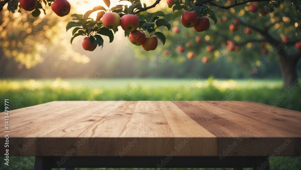 Aufkleber background of apple tree with a wooden tabletop on a highly blurred backdrop.