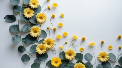 Arrangement of flowers. Design featuring yellow flowers and foliage on a white backdrop. Flat lay, overhead view, empty space.