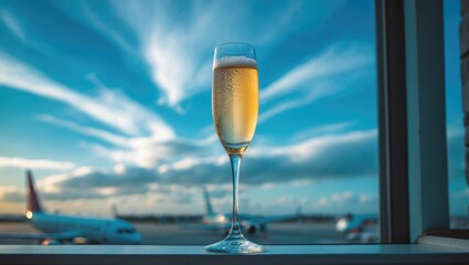 Obraz premium Flute filled with champagne placed on the window ledge.