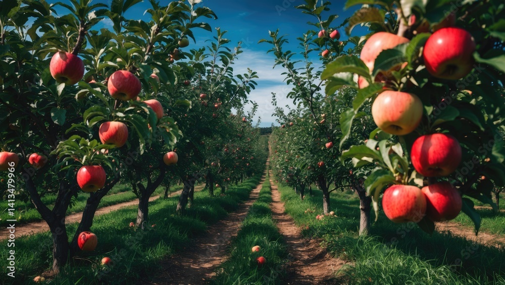 Poster apple trees bursting with ripe red apples, ready for harvest.