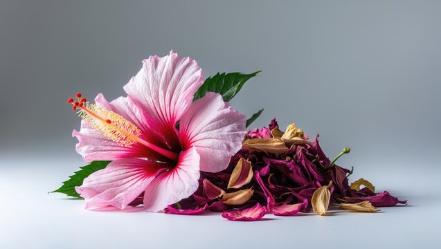 Fresh and dried hibiscus flowers against a plain background