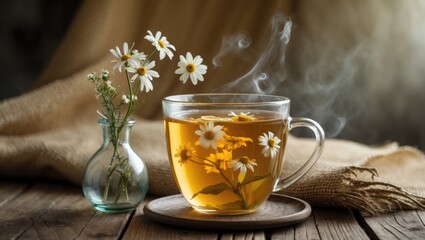 A warm cup filled with herbal tea placed on a wooden table