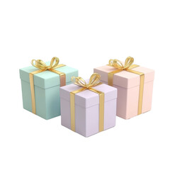 Obraz premium Pastel gift boxes with golden ribbons arranged beautifully on a clean transparent surface, 3 Gift boxes with golden ribbon 3d render pastel color isolated on transparent background