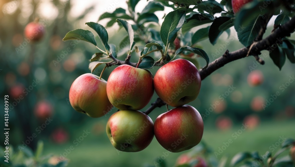 Aufkleber Red apples on an apple tree branch with a soft-focus background