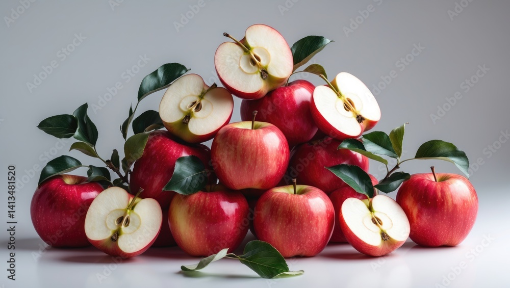 Poster isolated set of apples: collection of red apples, slices, and halves