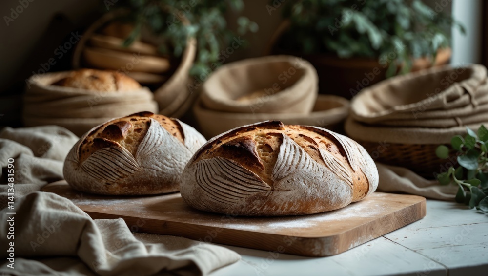 Poster high hydration artisan sourdough bread with leaf scoring displayed on white table