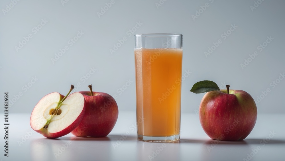 Poster naturally cloudy apple juice - sliced wet red apples and a glass on a white background