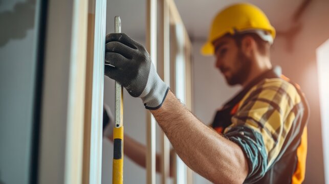 Construction worker assembling drywall frames for wall partitions. Featuring efficiency and technique