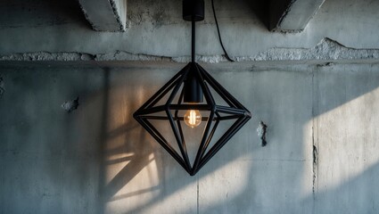 Hanging light in the top corner of a cement wall with an industrial design