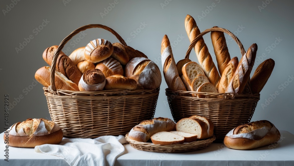 Poster Lovely setup with wicker baskets and various types of bread