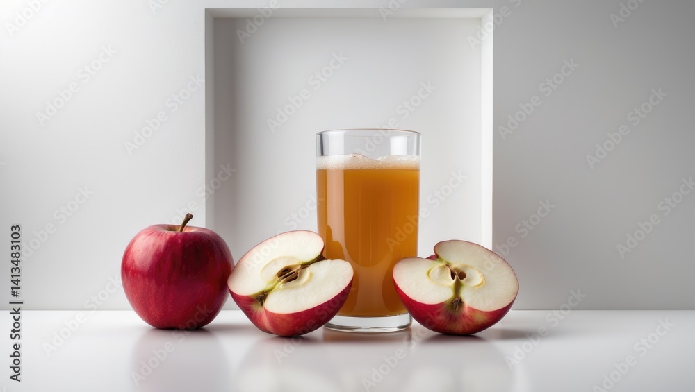 Poster apple juice - a glass of naturally cloudy apple juice with sliced wet red apples against a white bac