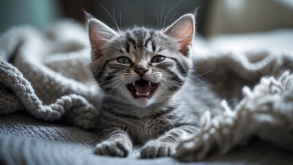 Joyful gray striped kitten yawning while lying in a plush bed