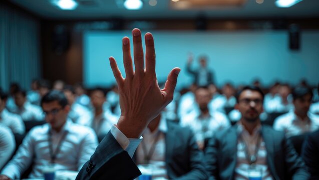 business leader raising arm during workshop