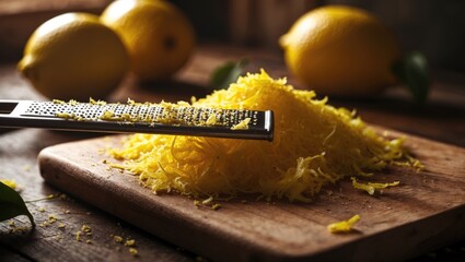 Grating lemon zest with a zester or grater on a rustic wooden cutting board, featuring fresh lemons and highlighting the cooking process of preparing citrus fruits for nutritious meals.