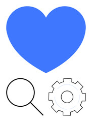 Blue heart, magnifying glass, and gear icon conveying love, discovery, and process. Ideal for healthcare, innovation, analytics, teamwork technology exploration simple landing page