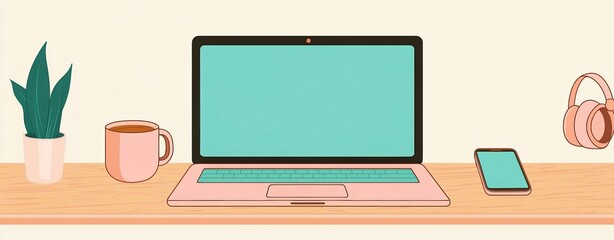 Cozy Workspace Setup Laptop, Headphones, and Coffee