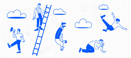 Business man illustrations of people climbing, falling, and exploring clouds