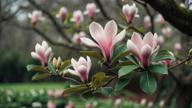 Close-up view of large pink blossoms on a tree in nature