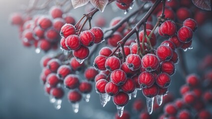 Close-up view of berry clusters with frost crystals