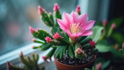 Cacti identified as flowering succulents suitable for home and office. House plant on windowsill adorned with big bright pink flowers.