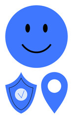 Smiling face symbol, secure shield with checkmark, and a location pin. Ideal for positivity, safety, navigation, identity, assurance, trust and simple landing page