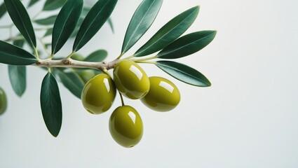 Isolated green olives branch on background.