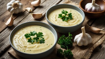 Flavorful garlic and parsley dressing on wooden tabletop, flat perspective