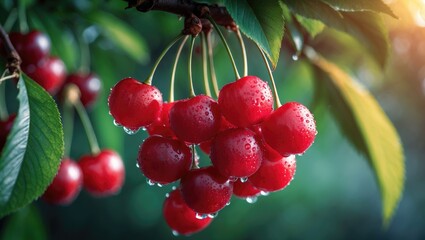 Obraz premium Cherries suspended from a tree branch.