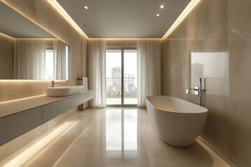 Fototapeta premium Modern bathroom showcasing a sleek tub and windowed balcony view