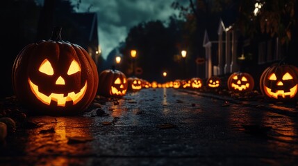 A spooky Halloween night with glowing jack-oâ€™-lanterns lining a dark street --ar 16:9 --v 6.1 Job ID: 6441c74c-82ce-4ce0-b6cf-95c9c94c4638