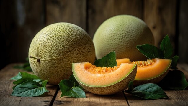 Tasty melons on a wooden tabletop, Juicy and very sweet fresh melons.