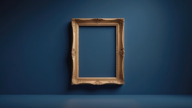 Old art fair picture frame on display at auction house or museum, empty template with white space for mockup designs, artwork idea