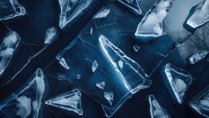 Winter Abstract Background Featuring Cracked Ice Texture from Above