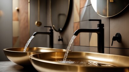 Clear water is streaming from the faucet into a brass sink in the bathroom