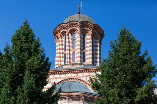 Romania, Bucharest. Stavropoleos, Eastern Orthodox monastery for nuns, built in Brancovenesc style.