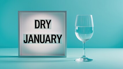 Top view of an empty wine glass and a lightbox displaying Dry January against a plain background