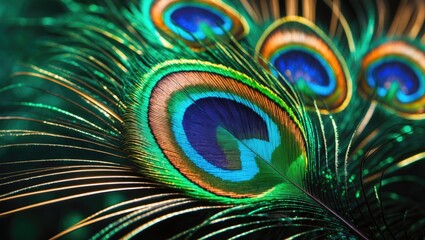 Obraz premium Peacock feathers exhibit beautiful hues, including green and various other colors.
