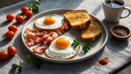 Top view of breakfast consisting of fried eggs, bacon, and toast on a white plate with a coffee cup behind. Selective focus