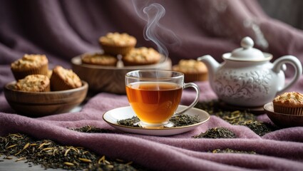 Tasty, hot tea accompanied by dessert on a classic background.