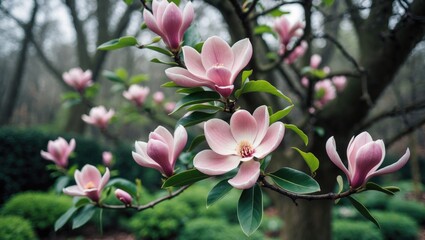 Obraz premium Detailed shot of big pink flowers on a tree in the wild