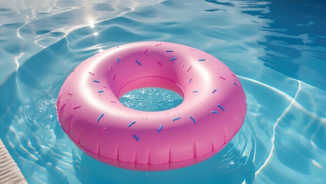 Lively pink float in blue pool, ring buoy floating in a refreshing azure water with wave reflections. Active vacation scene. Children's lifesaver. Bright day by the pool.