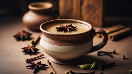 Chai Tea Served in a Mug with Ingredients Behind