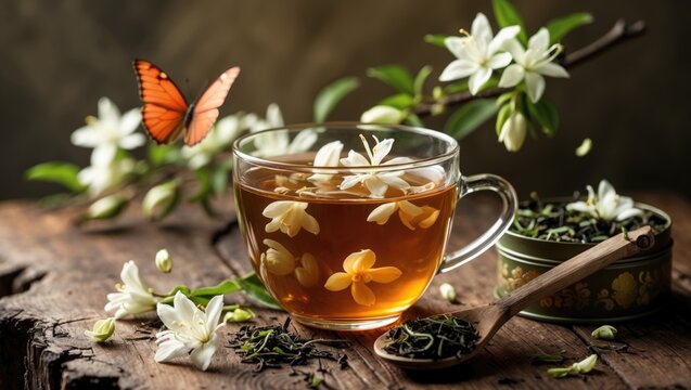 scarlet butterfly resting on jasmine blossoms