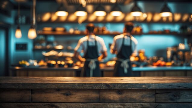 Free space table background for your product with a blurred kitchen interior and chef