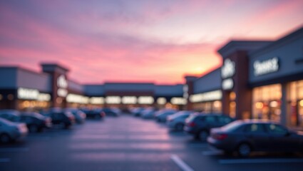 Fototapeta premium Obscured exterior perspective of unoccupied parking lots in a modern mall at dusk.