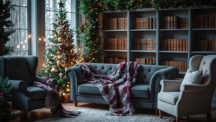 Office decorated for Christmas featuring bookshelves and a sofa, adorned with a Christmas tree and toys.